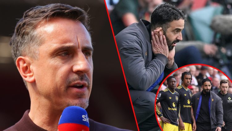 Sky Sports pundit Gary Neville, inset Ruben Amorim in the Premier League match vs Brentford, inset the Manchester United manager at the Gtech Commu...