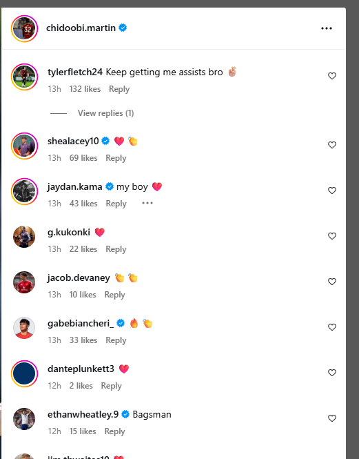 Chido Obi's teammates' response to his post after scoring for Man Utd U21s against Liverpool U21s on September 21, 2025