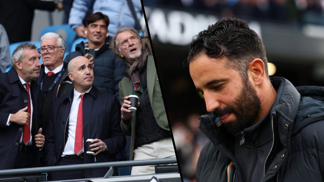 Split image, Jason Wilcox, Omar Berrada and Sir Jim Ratcliffe watching the Manchester derby at the Etihad and RUBEN AMORIM looking down while coach...