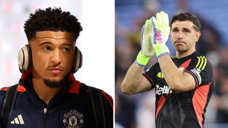 Split image of Manchester United forward Jadon Sancho and Aston Villa goalkeeper Emiliano Martinez.