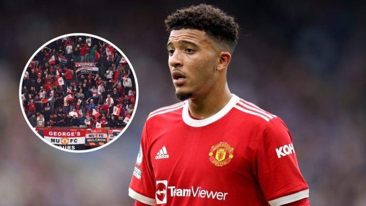 Manchester United forward Jadon Sancho, inset of Manchester United fans.