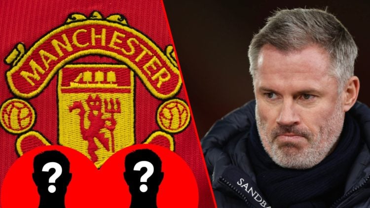 Sky Sports TV pundit and Liverpool legend Jamie Carragher during a Premier League match, inset the Manchester United club crest.