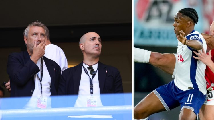 Split image of Manchester United director Jason Wilcox and CEO Omar Berrada and Tottenham forward Mathys Tel.