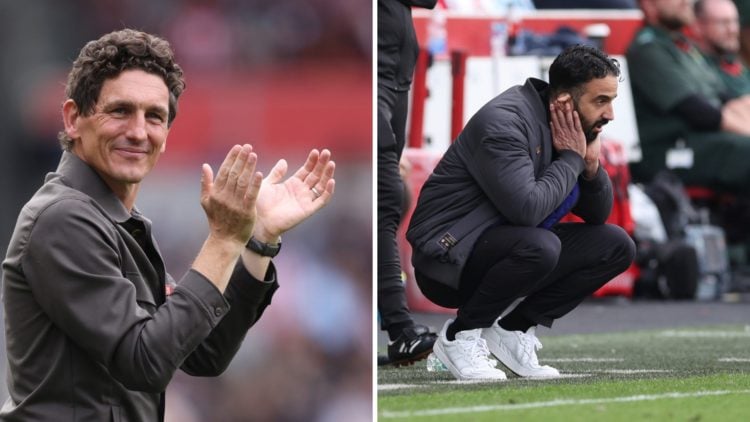 Split image of Brentford manager Keith Andrews and Manchester United head coach Ruben Amorim.
