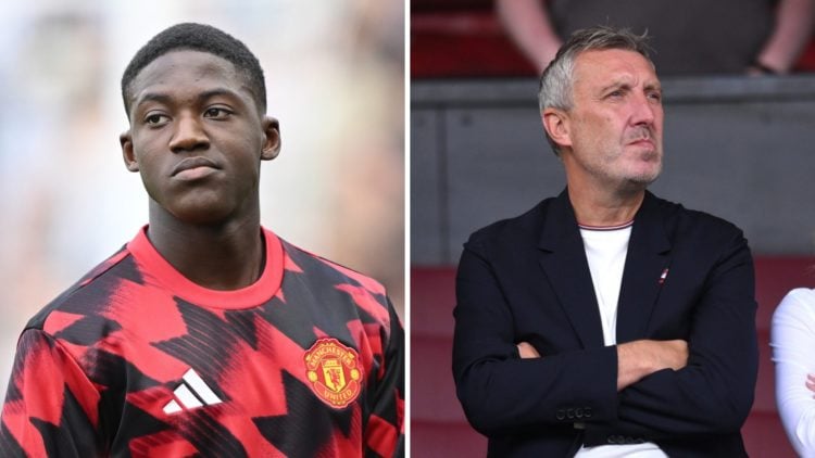 Manchester United midfielder Kobbie Mainoo warming up, split image of sporting director Jason Wilcox.