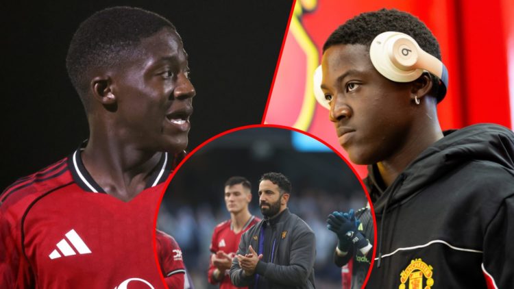 England midfielder Kobbie Mainoo, inset the Manchester United star, inset Ruben Amorim after the Premier League match against Manchester City at th...
