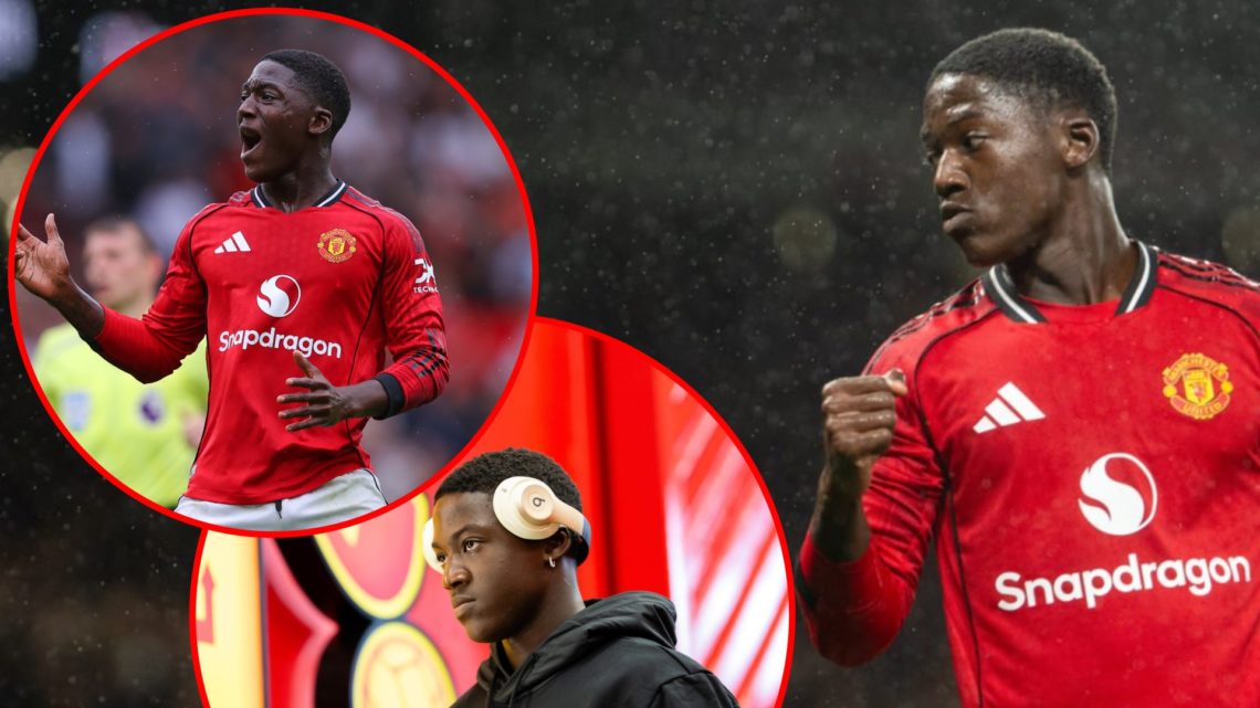 Kobbie Mainoo in the Premier League match vs Chelsea at Old Trafford, inset the Manchester United midfielder, inset the England international.