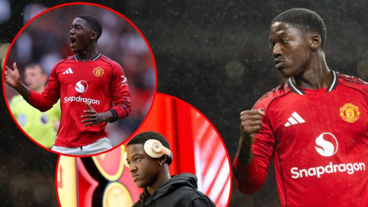 Kobbie Mainoo in the Premier League match vs Chelsea at Old Trafford, inset the Manchester United midfielder, inset the England international.