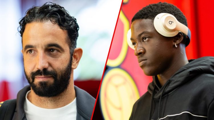 England midfielder Kobbie Mainoo arrives ahead of the Premier League match between Manchester United and Burnley at Old Trafford, inset Ruben Amorim.