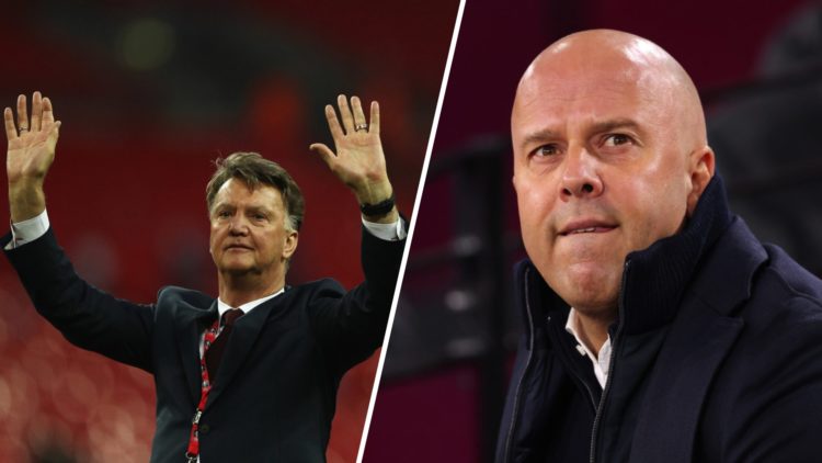 Louis van Gaal split image with Arne Slot