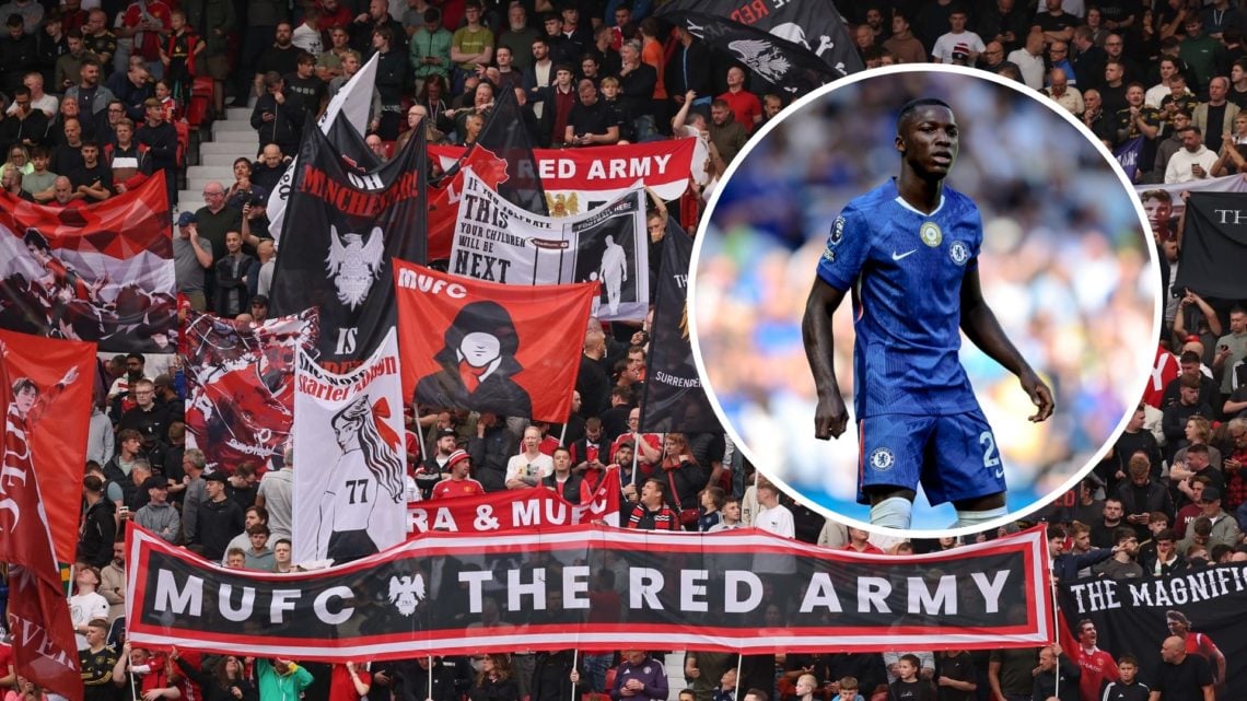 Manchester United fans in the Stretford End, inset of Chelsea midfielder Moises Caicedo.