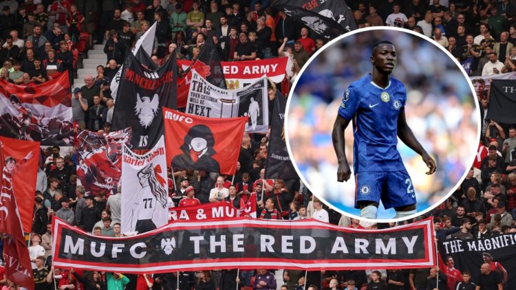 Manchester United fans in the Stretford End, inset of Chelsea midfielder Moises Caicedo.