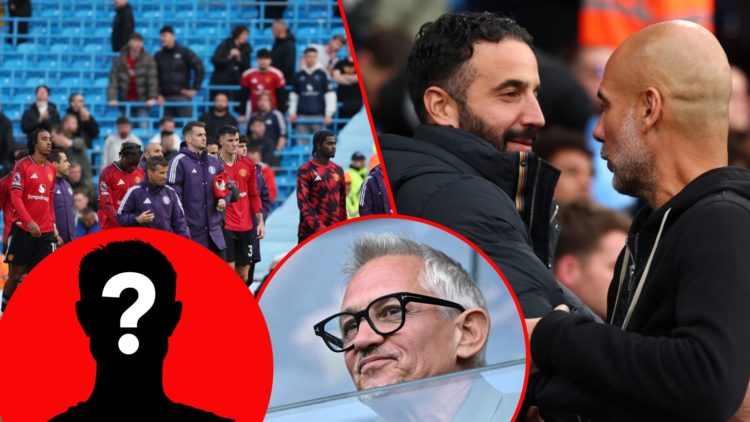 Manchester United players after the Premier League match against Manchester City, inset Ruben Amorim and Pep Guardiola at the Etihad, inset Gary Li...