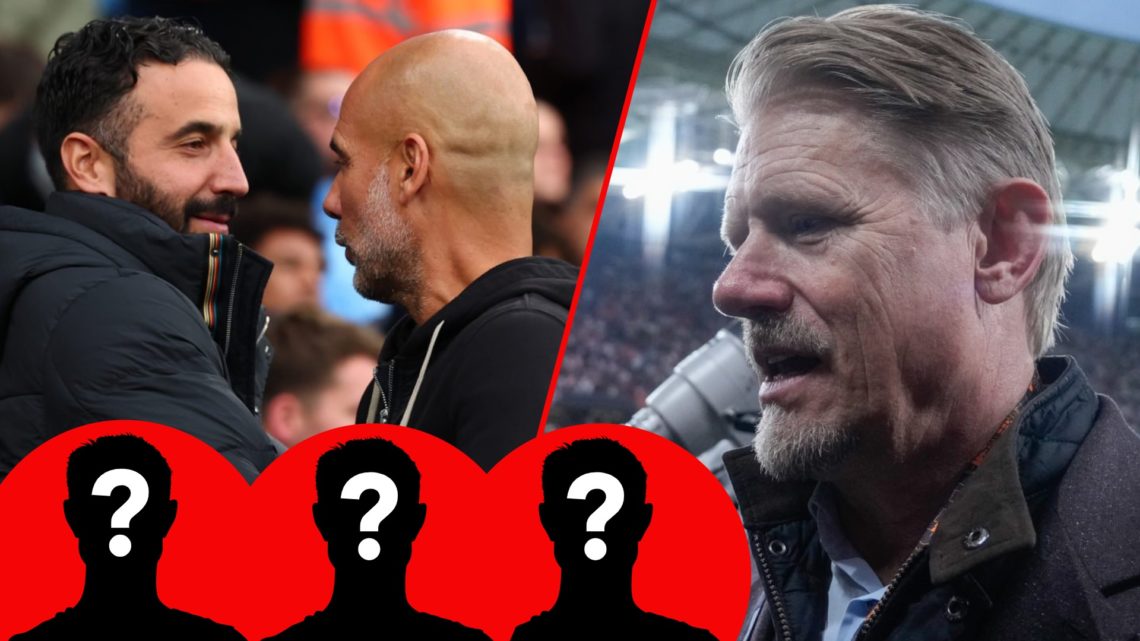 Manchester United and Premier League legend Peter Schmeichel, inset Ruben Amorim and Manchester City manager Pep Guardiola at the Etihad.