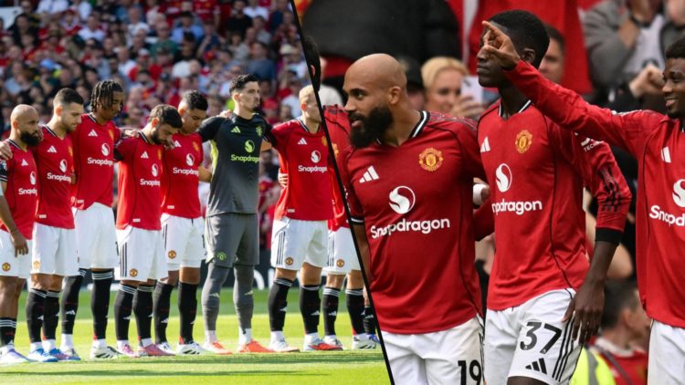 Bryan Mbeumo with Bruno Fernandes, Kobbie Mainoo and Amad Diallo during the Premier League match against Burnley at Old Trafford, inset Manchester ...