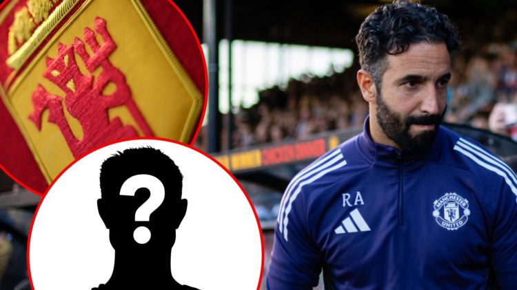 Manchester United boss Ruben Amorim ahead of the Carabao Cup match between Grimsby Town and Manchester United at Blundell Park, inset the club badge.
