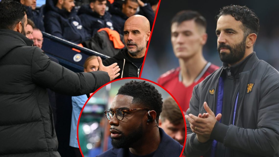 Manchester United manager Ruben Amorim at the Etihad after the Premier League match, inset Manchester City boss Pep Guardiola, inset Sky Sports pun...