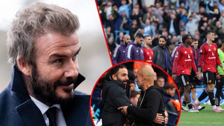 Ruben Amorim after the Premier League match against Manchester City, inset Sir David Beckham, inset the Manchester United manager with Pep Guardiol...