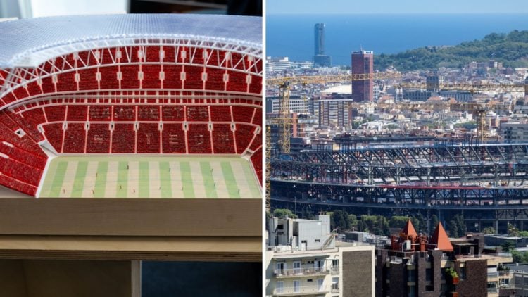 Split image of Manchester United's 100,000 stadium concept and Barcelona's Nou Camp stadium.