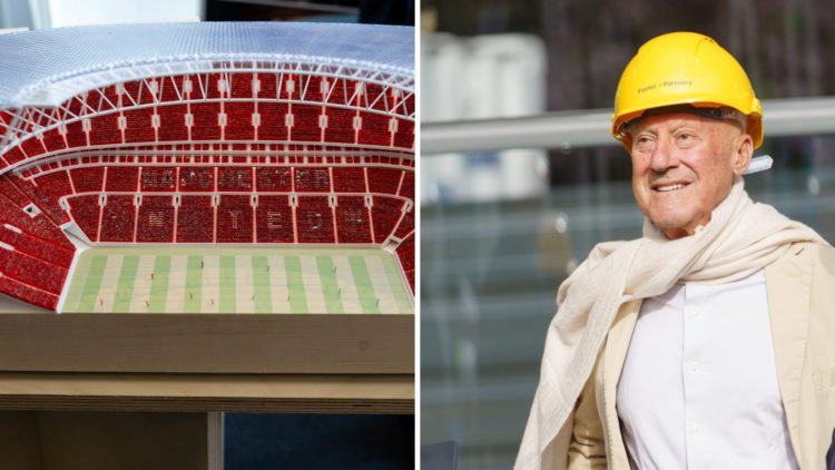 Split image of Manchester United's 100,000-seater concept image and architect Norman Foster.