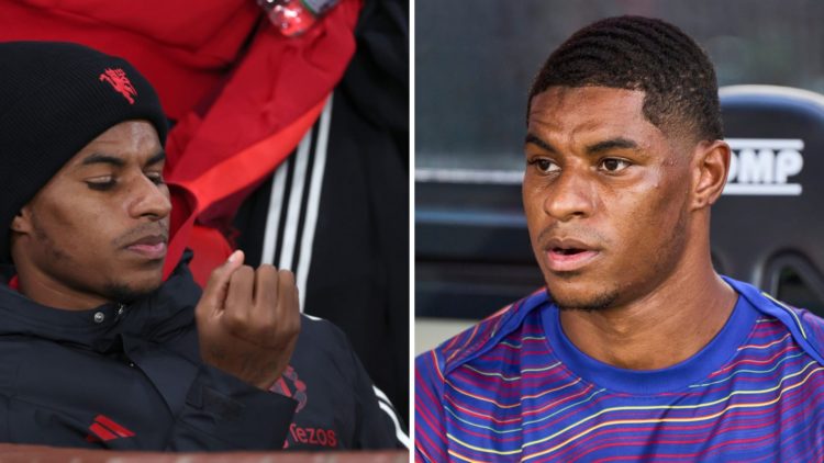 Split image of Marcus Rashford sat on the bench for Manchester United and Barcelona.