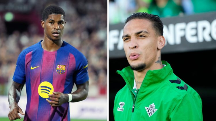 Split image of Marcus Rashford playing for Barcelona and Antony at Real Betis.