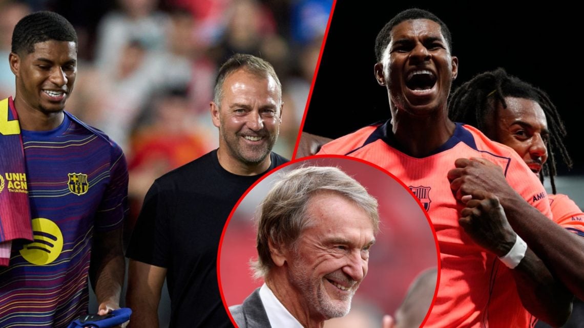 Marcus Rashford during the Champions League match between Newcastle and Barcelona, inset the Manchester United player with Hansi Flick, inset Ineos...