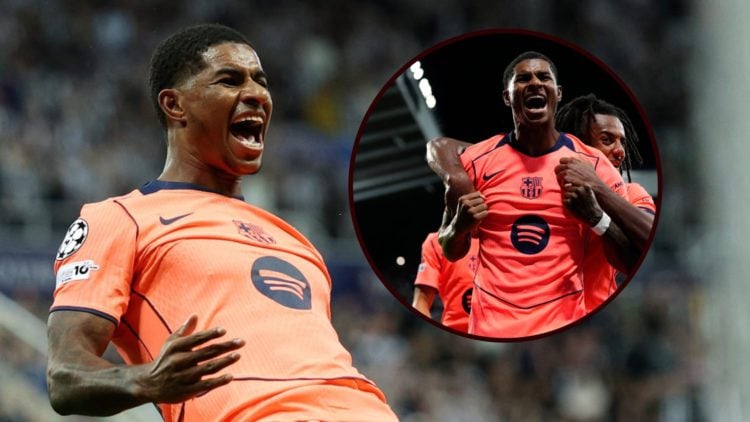 Marcus Rashford celebrates for Barcelona, and inset