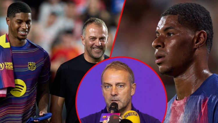 Marcus Rashford and Hansi Flick during the La Liga match against Rayo Vallecano, inset the Manchester United and England player, inset the Barcelon...