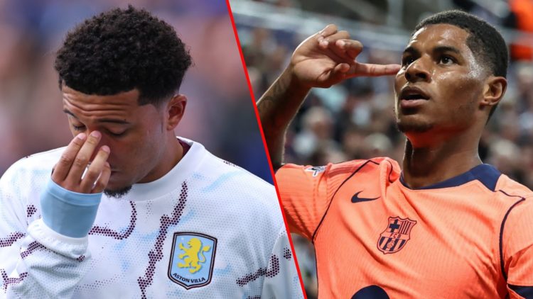 Manchester United and England player Marcus Rashford playing for Barcelona in the Champions League against Newcastle at St James’ Park, inset Jadon...