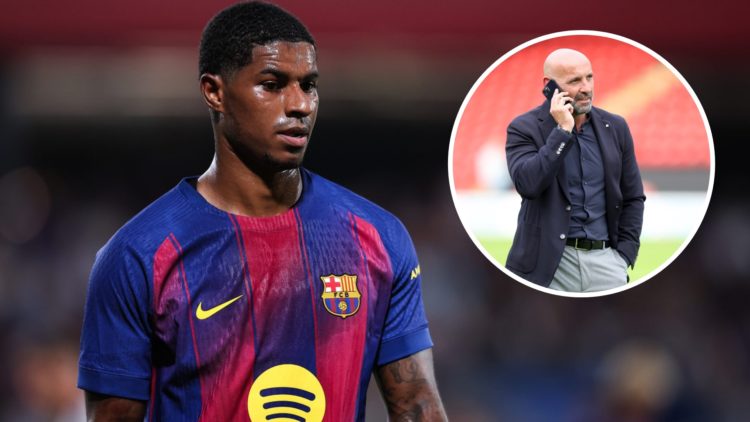 Barcelona star Marcus Rashford on loan from Manchester United, inset of Aston Villa director and president Monchi.