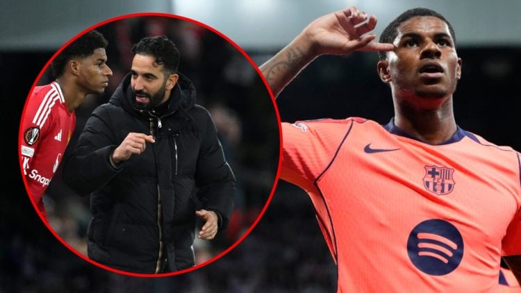 Marcus Rashford in the Champions League match between Newcastle and Barcelona at St James’ Park, inset the Manchester United player with Ruben Amorim.
