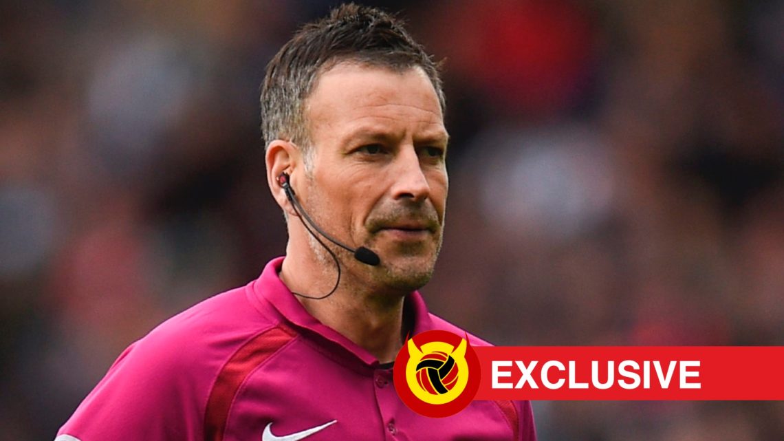 Mark Clattenburg pictured while refereeing in pink top. Overlaid UIF logo and exclusives banner.