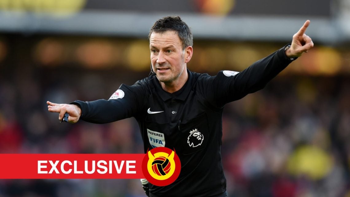 Mark Clattenburg pointing while refereeing. Overlaid UIF logo and exclusives banner.