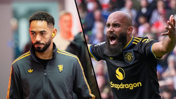 Split image Matheus Cunha in Manchester United tracksuit and earphones walking. Bryan Mbeumo appealing for penalty in away shirt.