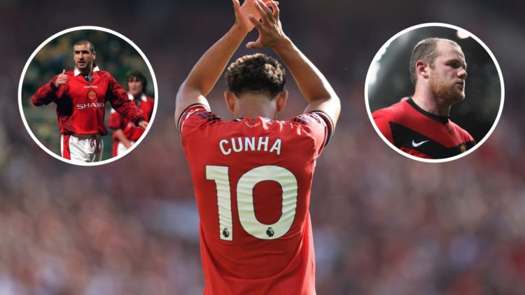 Manchester United No.10 Matheus Cunha applauds fans, inset of Eric Cantona and Wayne Rooney.