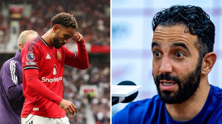 Split image of Manchester United forward Matheus Cunha after suffering an injury, head coach Ruben Amorim in a press conference.