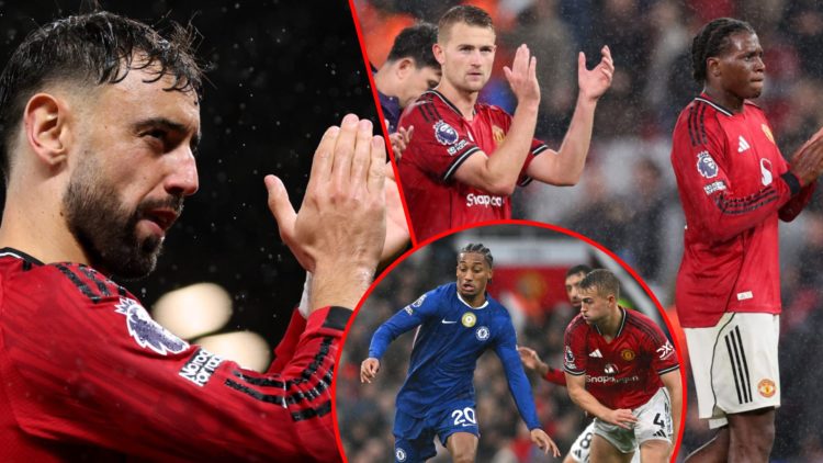 Matthijs de Ligt and Patrick Dorgu after the Premier League against Chelsea, inset the Manchester United defender at Old Trafford, inset Bruno Fern...