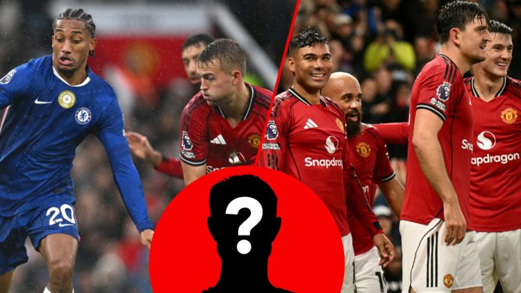 Joao Pedro vs Matthijs de Ligt in the Premier League match between Manchester United and Chelsea at Old Trafford, inset Red Devils midfielder Casem...