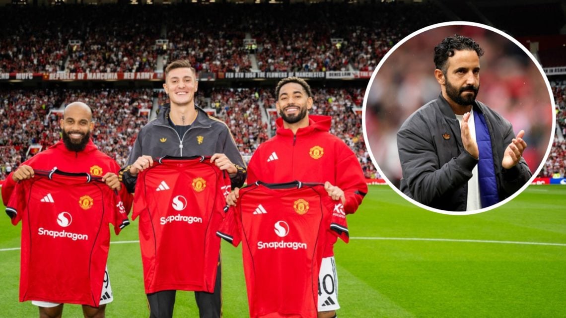 Manchester United's Bryan Mbeumo, Benjamin Sesko and Matheus Cunha unveiled at Old Trafford, inset of Ruben Amorim.
