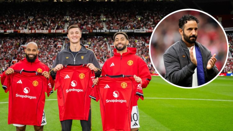 Manchester United's Bryan Mbeumo, Benjamin Sesko and Matheus Cunha unveiled at Old Trafford, inset of Ruben Amorim.
