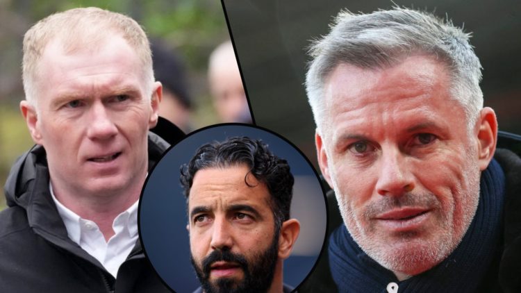 Paul Scholes at the funeral of Denis Law, inset Liverpool legend Jamie Carragher, inset Manchester United manager Ruben Amorim.