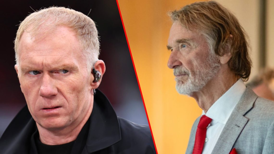 Ineos chief Sir Jim Ratcliffe at the Carrington training complex in Manchester, inset Manchester United legend Paul Scholes.