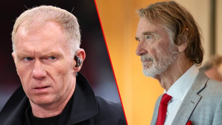 Ineos chief Sir Jim Ratcliffe at the Carrington training complex in Manchester, inset Manchester United legend Paul Scholes.