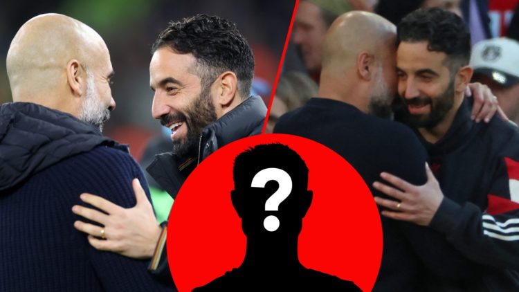 Pep Guardiola and Ruben Amorim embrace at Old Trafford, inset the Manchester City manager and Manchester United head coach.