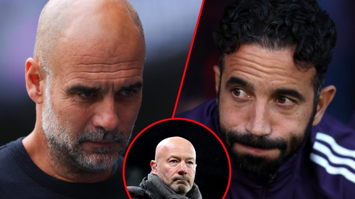 Manchester City manager Pep Guardiola during a Premier League match at the Etihad Stadium, inset Manchester United boss Ruben Amorim, inset Alan Sh...