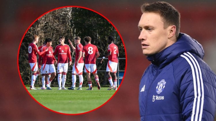 Former England defender Phil Jones ahead of the FA Youth Cup match between Manchester United and Chelsea at the Leigh Sports Village, inset Manches...