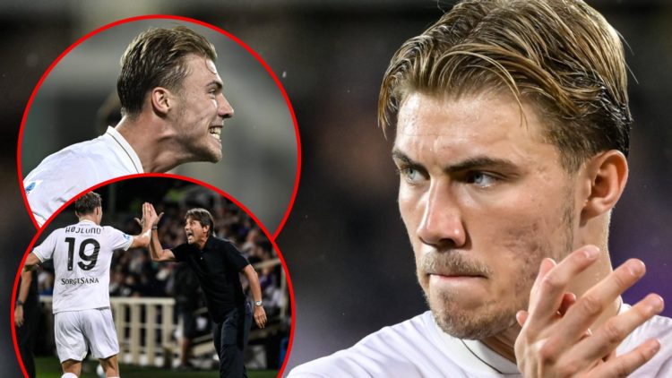 Rasmus Hojlund during the Serie A match against Fiorentina, inset the Manchester United and Denmark striker, inset Napoli manager Antonio Conte wit...