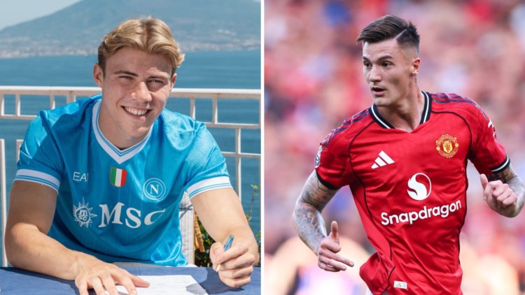 Split image of Rasmus Hojlund signing his Napoli contract, and Benjamin Sesko in action for Manchester United.