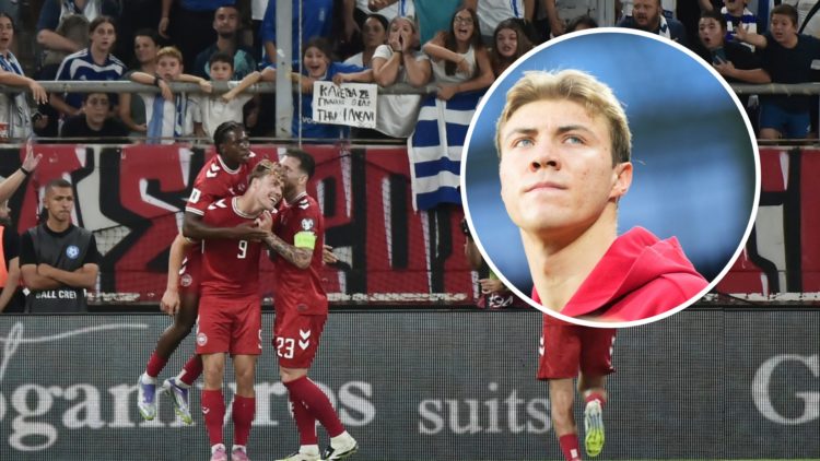 Manchester United loanee Rasmus Hojlund celebrates scoring for Denmark on international duty.
